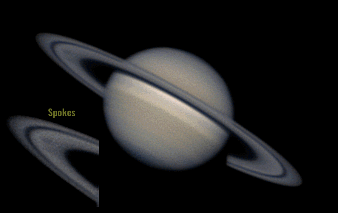 Spokes on Saturn's B Ring | © · Brad Croslin
Text:
Keighley Rockcliffe
(NASA
GSFC,
UMBC CSST,
CRESST II)